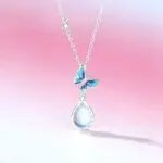 925 Sterling Silver Moonstone Butterfly Pendant Necklace, Blue Enamel Teardrop Charm, 40+5cm Chain for Women