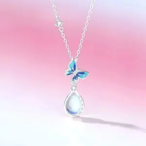 925 Sterling Silver Moonstone Butterfly Pendant Necklace, Blue Enamel Teardrop Charm, 40+5cm Chain for Women
