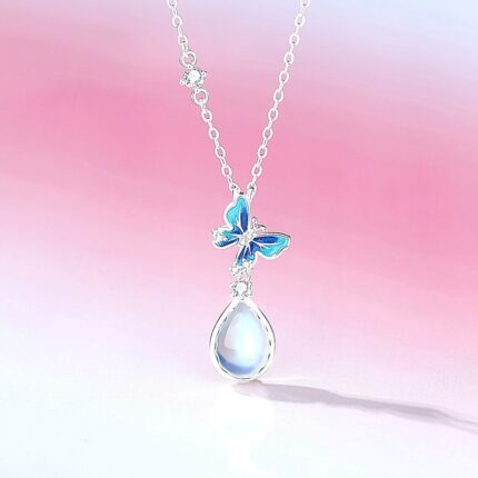 925 Sterling Silver Moonstone Butterfly Pendant Necklace, Blue Enamel Teardrop Charm, 40+5cm Chain for Women