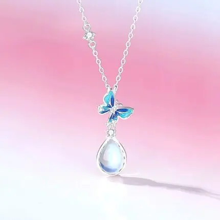 925 Sterling Silver Moonstone Butterfly Pendant Necklace, Blue Enamel Teardrop Charm, 40+5cm Chain for Women