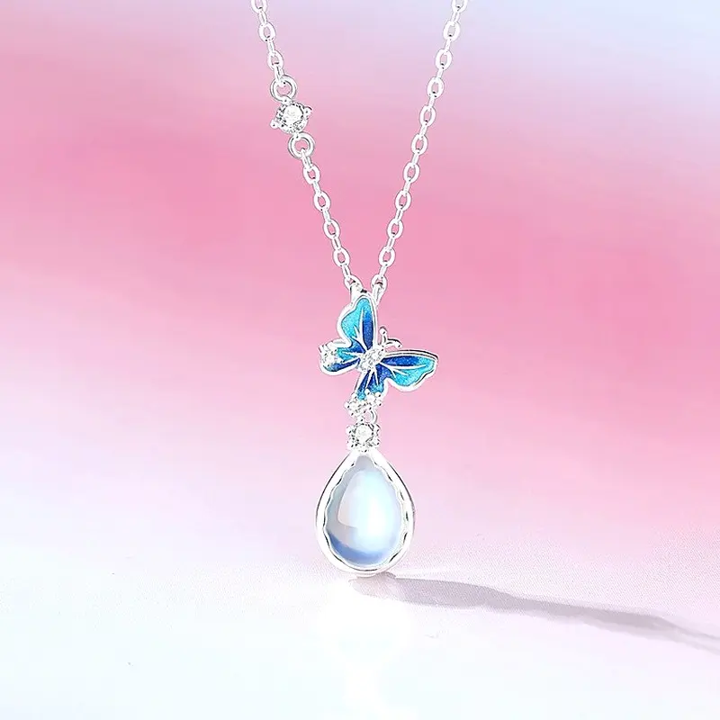 925 Sterling Silver Moonstone Butterfly Pendant Necklace, Blue Enamel Teardrop Charm, 40+5cm Chain for Women