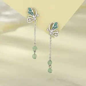 Green Aventurine Butterfly Drop Earrings 925 Sterling Silver Long Tassel Dangle Jewelry for Women, Birthday Gift
