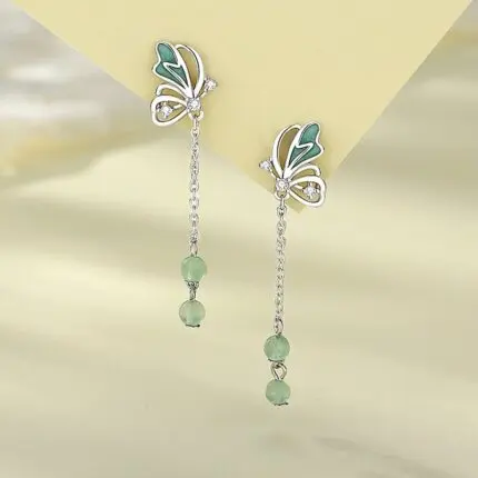 Green Aventurine Butterfly Drop Earrings 925 Sterling Silver Long Tassel Dangle Jewelry for Women, Birthday Gift