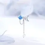 Fishtail Pearl Necklace 925 Sterling Silver Blue Crystal Tassel Dangle Pendant for Women Summer Beach Ocean Jewelry 40+5cm