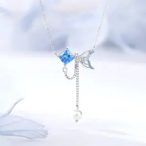 Fishtail Pearl Necklace 925 Sterling Silver Blue Crystal Tassel Dangle Pendant for Women Summer Beach Ocean Jewelry 40+5cm