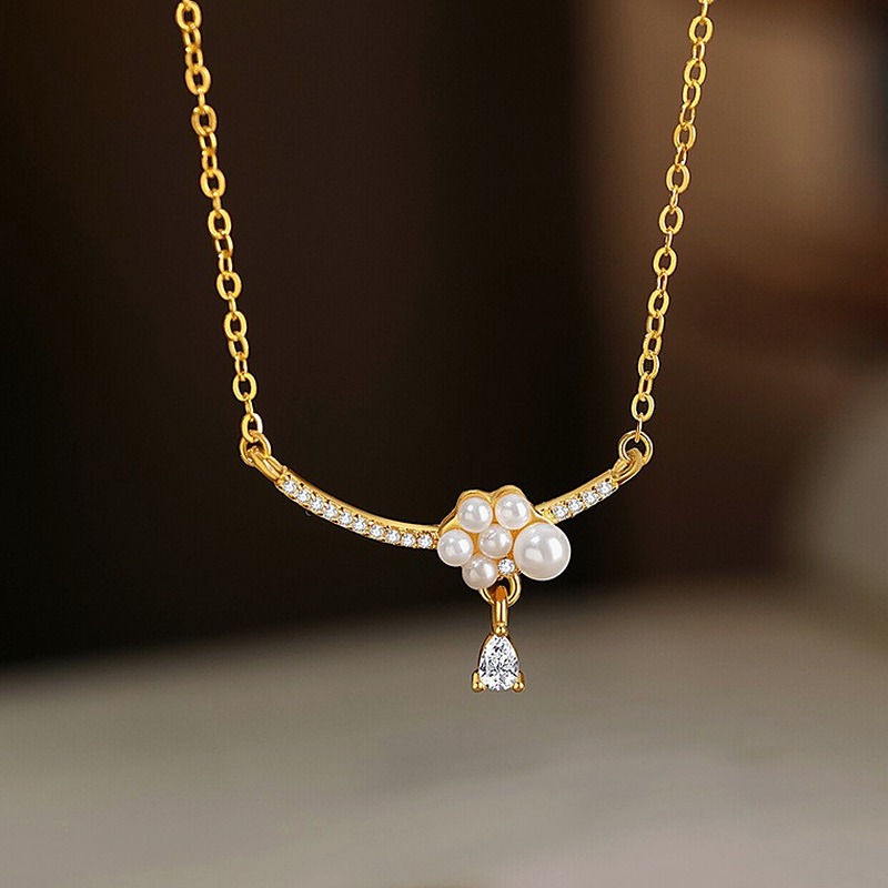 18K Gold Cloud Pearl Pendant Necklace for Women, 925 Sterling Silver 40+5cm Chain with Shell Beads & CZ Drop Charm, Dainty Everyday