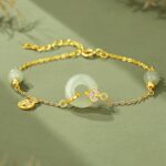 Hetian Jade Peace Buckle Bracelet for Women, 18K Gold Plated 925 Sterling Silver Chinese Lucky Amulet Jewelry, Retro Ethnic Travel Gift