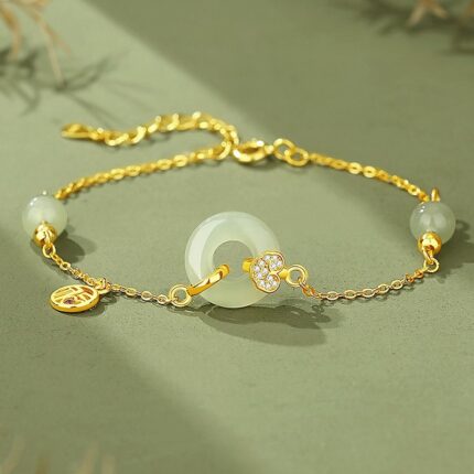 Hetian Jade Peace Buckle Bracelet for Women, 18K Gold Plated 925 Sterling Silver Chinese Lucky Amulet Jewelry, Retro Ethnic Travel Gift