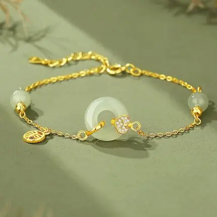 Hetian Jade Peace Buckle Bracelet for Women, 18K Gold Plated 925 Sterling Silver Chinese Lucky Amulet Jewelry, Retro Ethnic Travel Gift