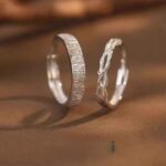 Matching Couple Rings 999 Fine Silver Adjustable Band, Tree Branch & Geometric Texture, Valentine's Day Gift for Him and Her