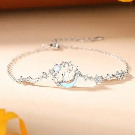 925 Sterling Silver Moonstone Rabbit Bracelet for Women, Bunny Charm, Crescent Moon Celestial Star Jewelry, Travel Souvenir Gift