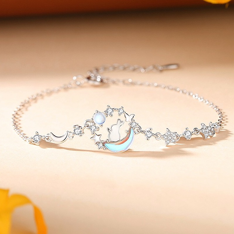 925 Sterling Silver Moonstone Rabbit Bracelet for Women, Bunny Charm, Crescent Moon Celestial Star Jewelry, Travel Souvenir Gift
