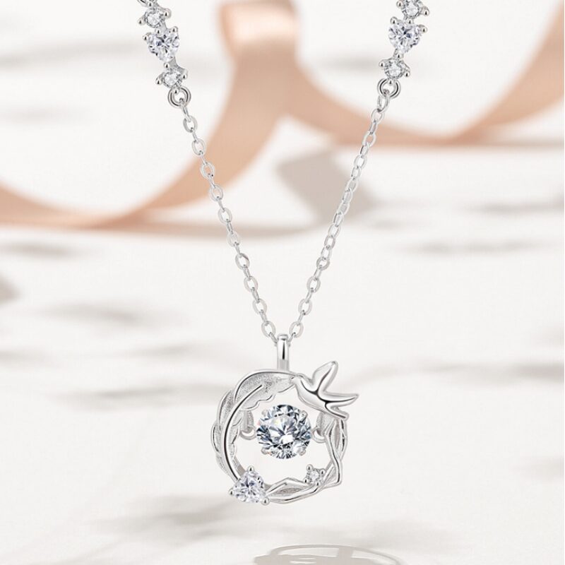 custom_20261007_214213_ed6eed 925 Sterling Silver Bird Pendant Necklace for Women, Eucalyptus Leaf Wreath Charm with CZ Stone, 40+5cm Chain, Daily Wear
