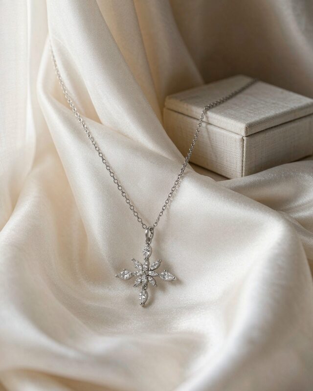 Sterling silver snowflake pendant necklace on ivory silk